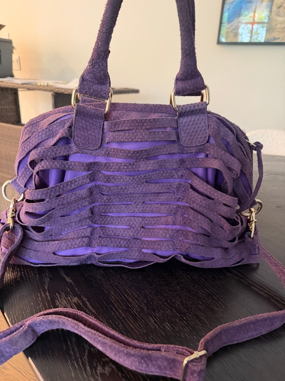 Purple Romygold Biker Slash crossbody w gold trim & interior pockets